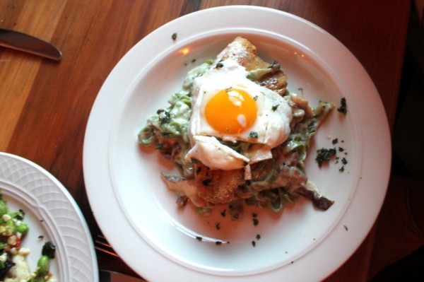 RootsFried trout carbonara with a fried egg