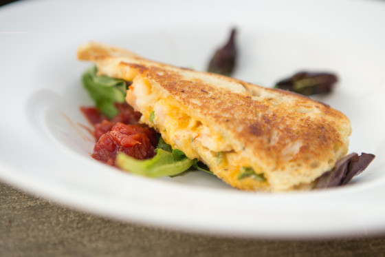 Course 2 — shrimp, asparagus and pimento grilled cheese