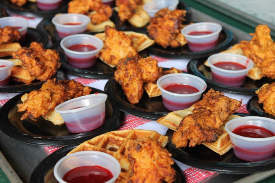 Chicken and Waffles with Strawberry-Raspberry Sauce