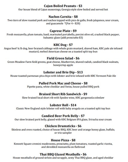 Kennett Brewing Company menu