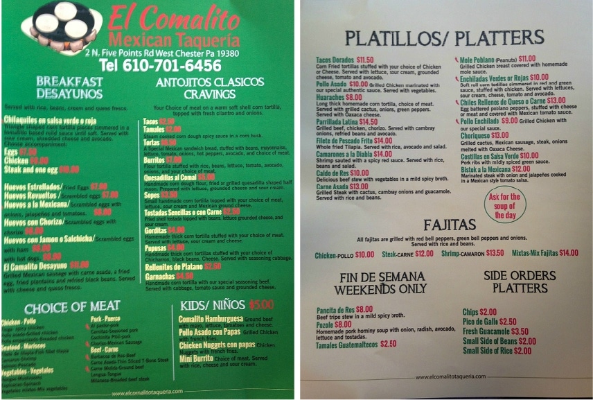 El Comalito Mexican Taqueria menu