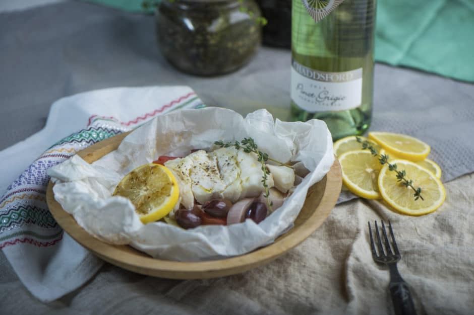 Chaddsford fish with pinot grigio