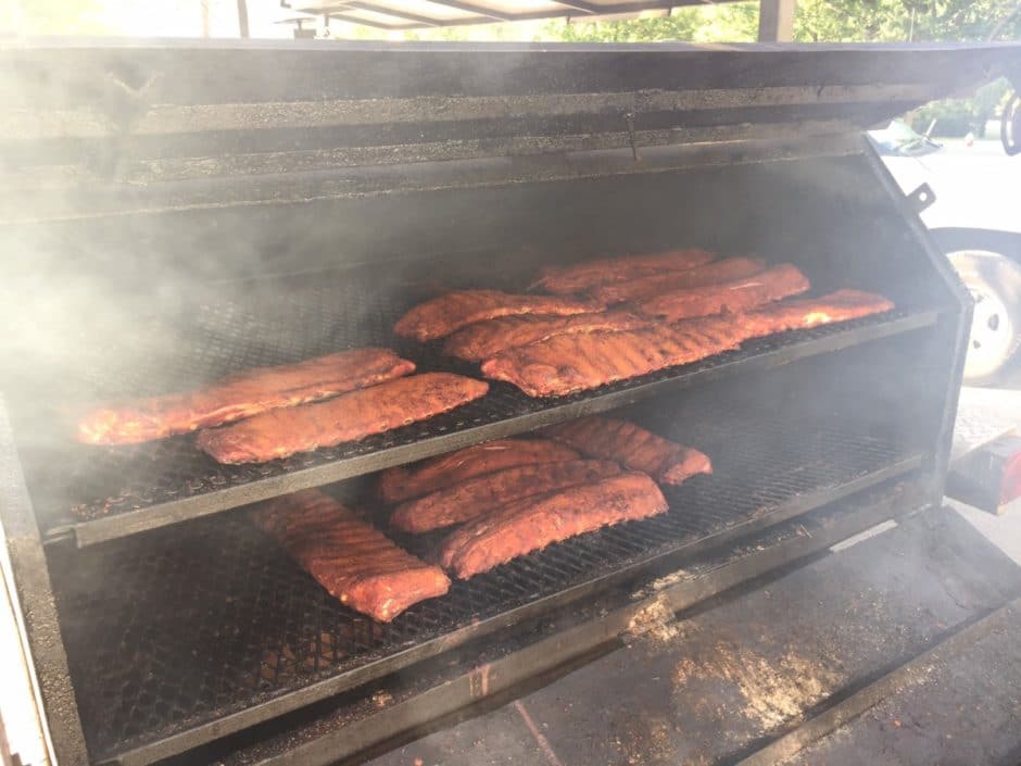 Uncle B's BBQ Shack ribs in the smoker