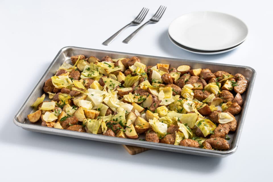 sheet-pan sausage and cabbage