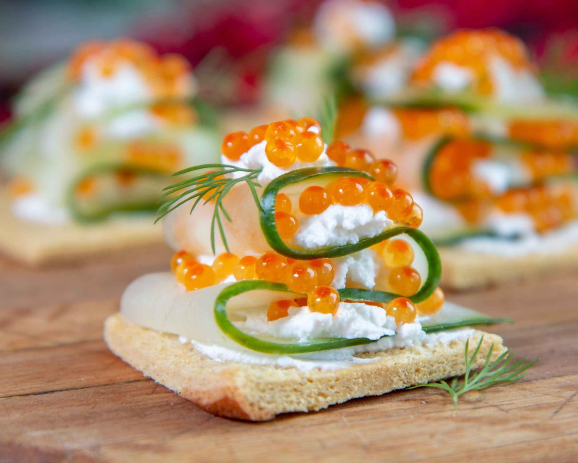 Caviar and cucumber crostini.