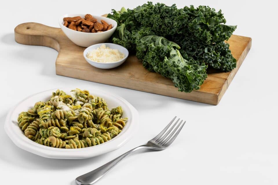 Nourish PA one-pot kale and almond pesto pasta.