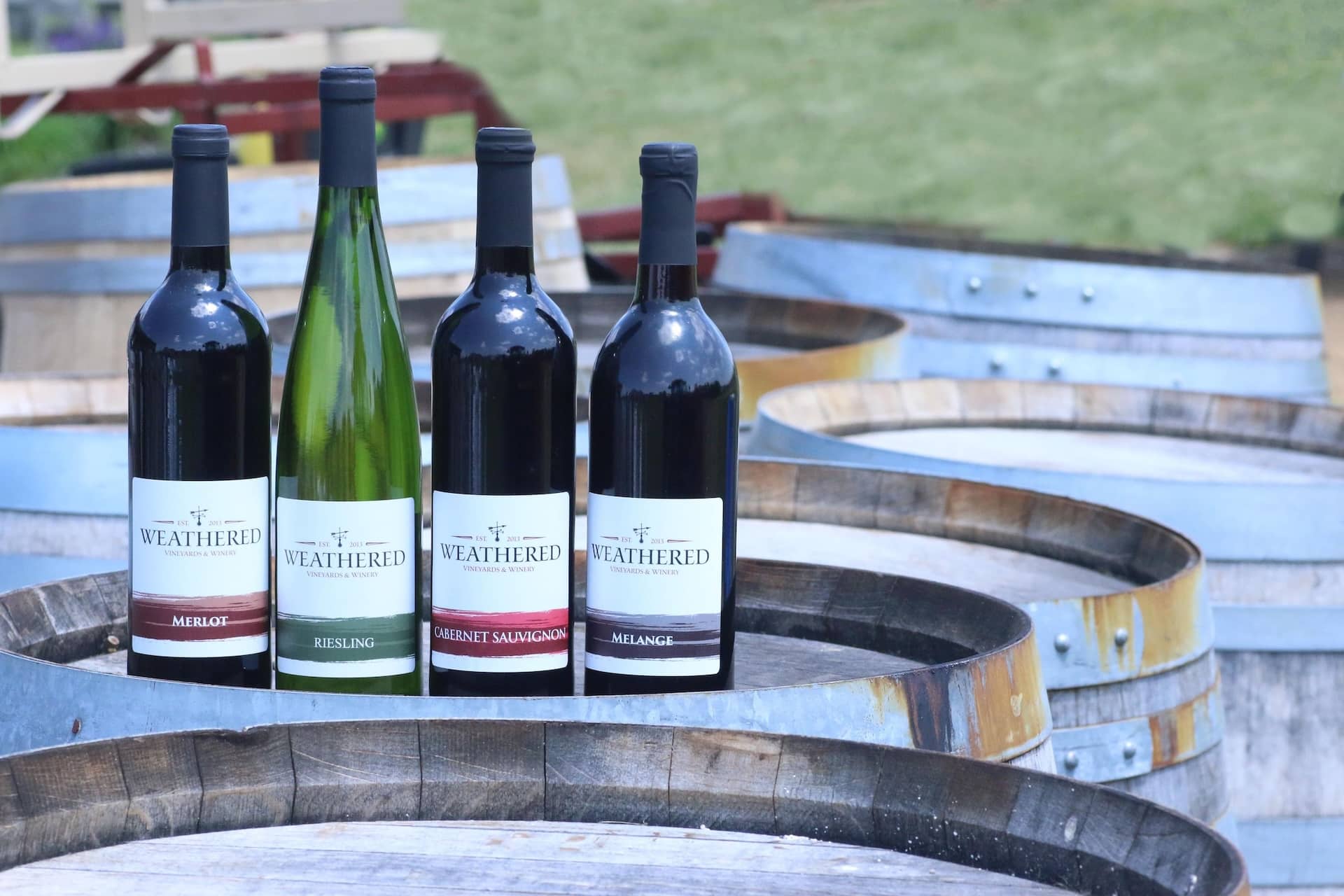 Bottles of wine at Weathered Vineyards & Winery.