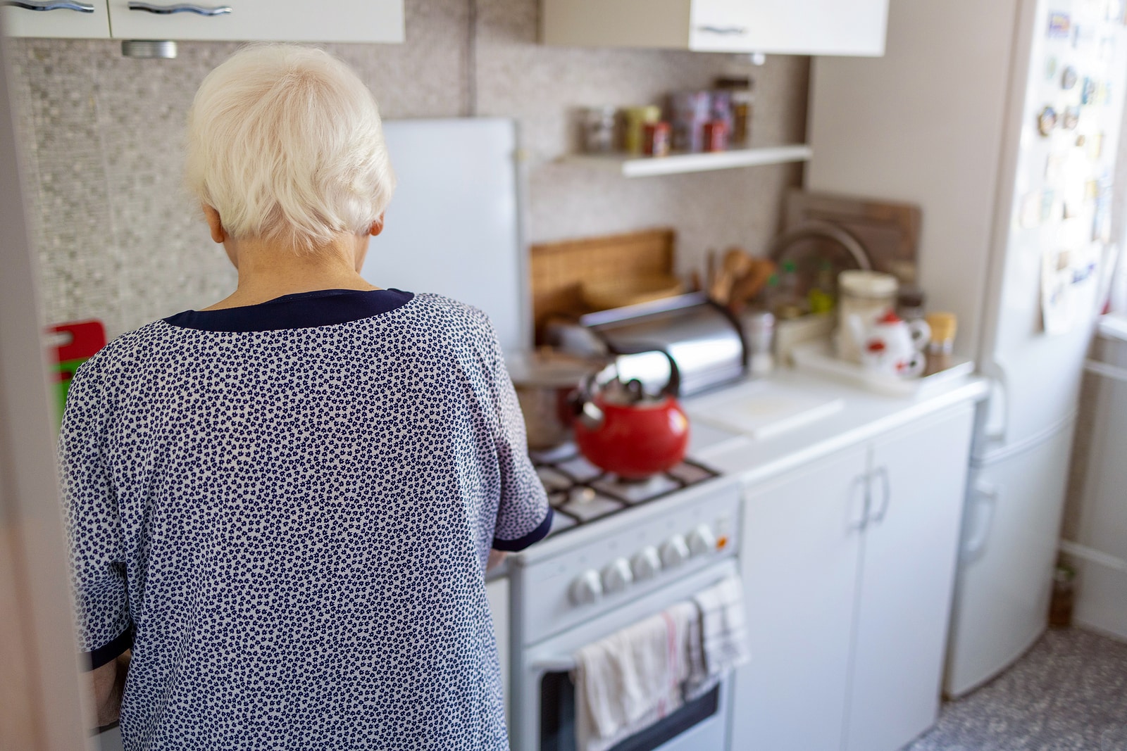 Rear view of a senior woman in her kitchen