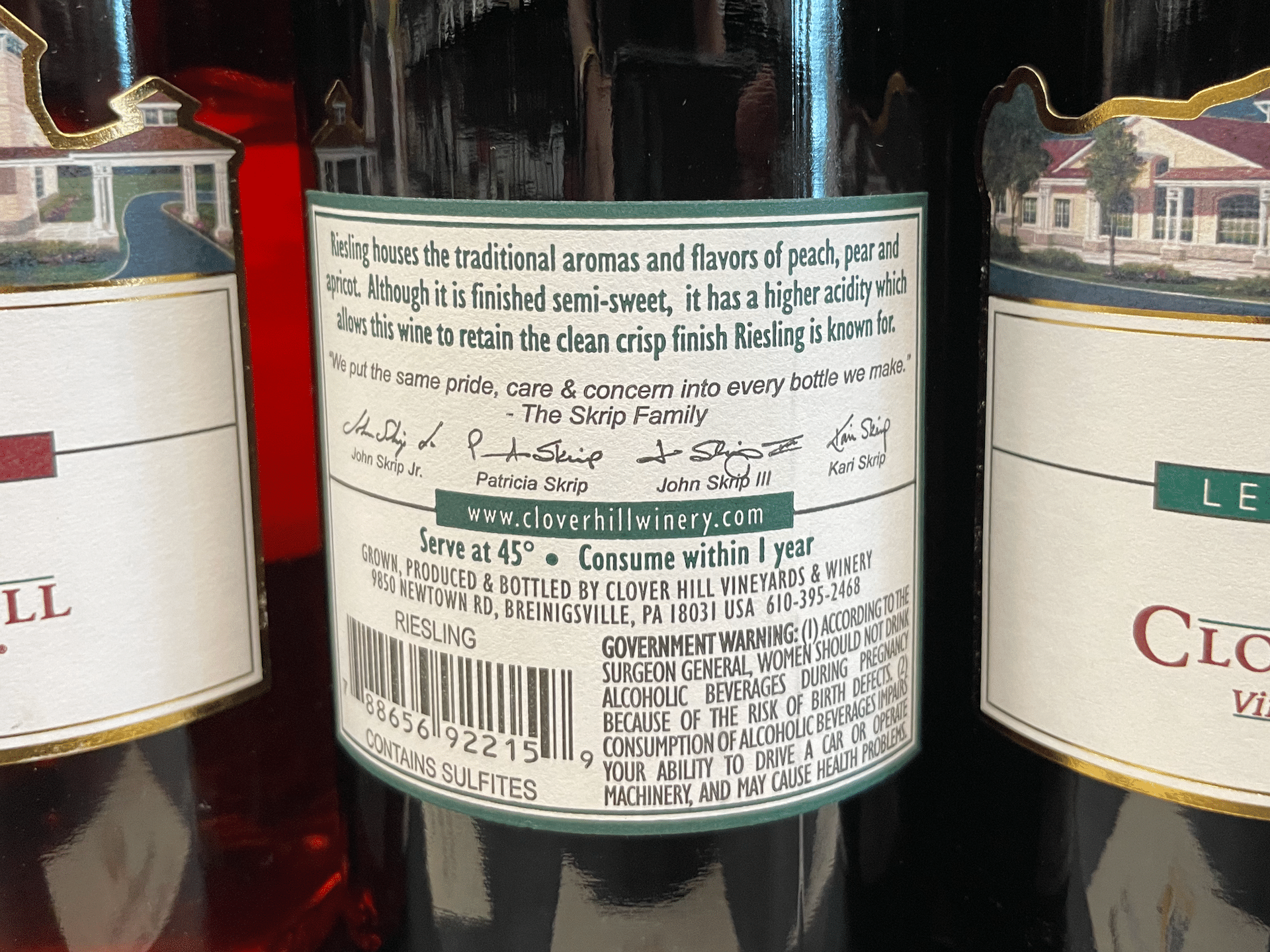 The back label on Clover Hill wine from Pennsylvania.