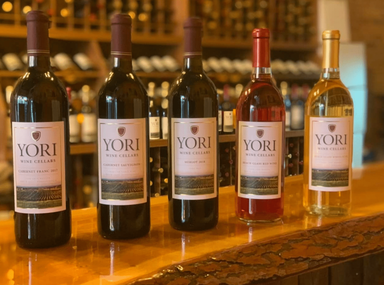 The wines of Yori Wine Cellars & Brewing Co. on the bar.
