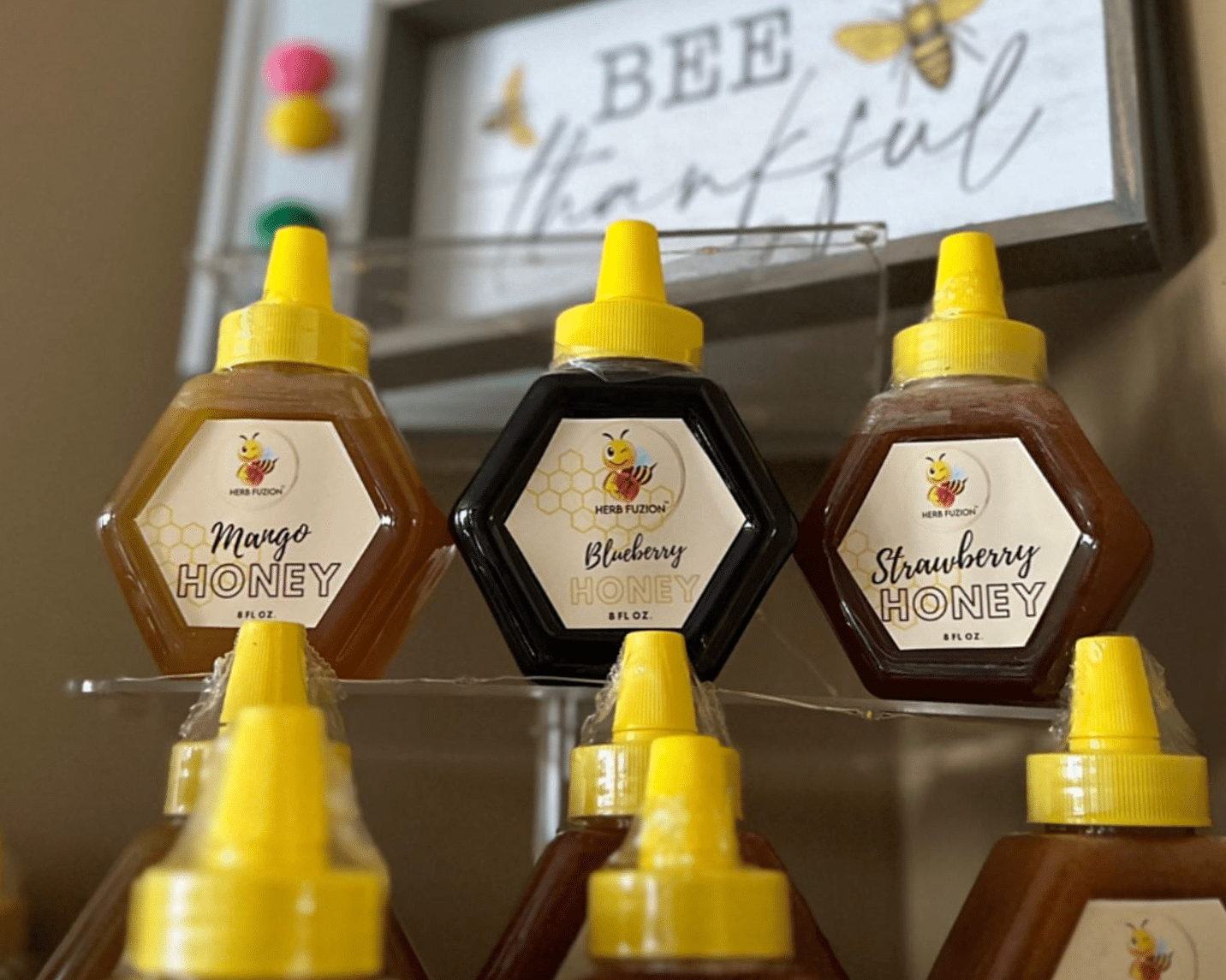 Seasonal flavors of Herb Fuzion Handcrafted Honey.