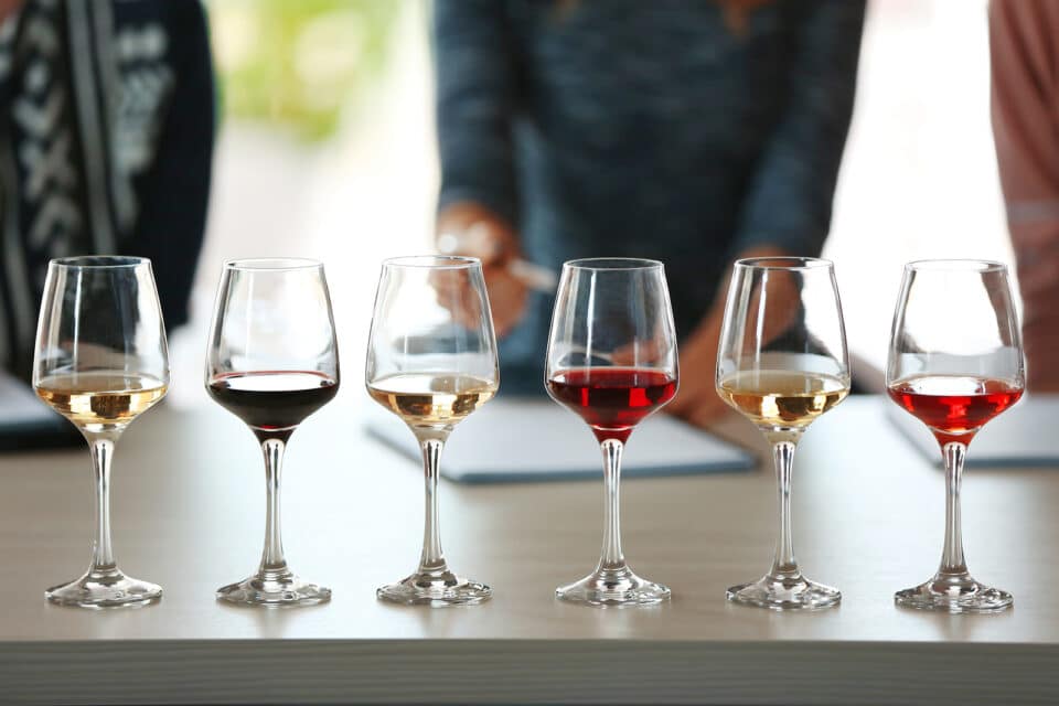 Many glasses of different wine in a row on a table. Tasting wine concept.