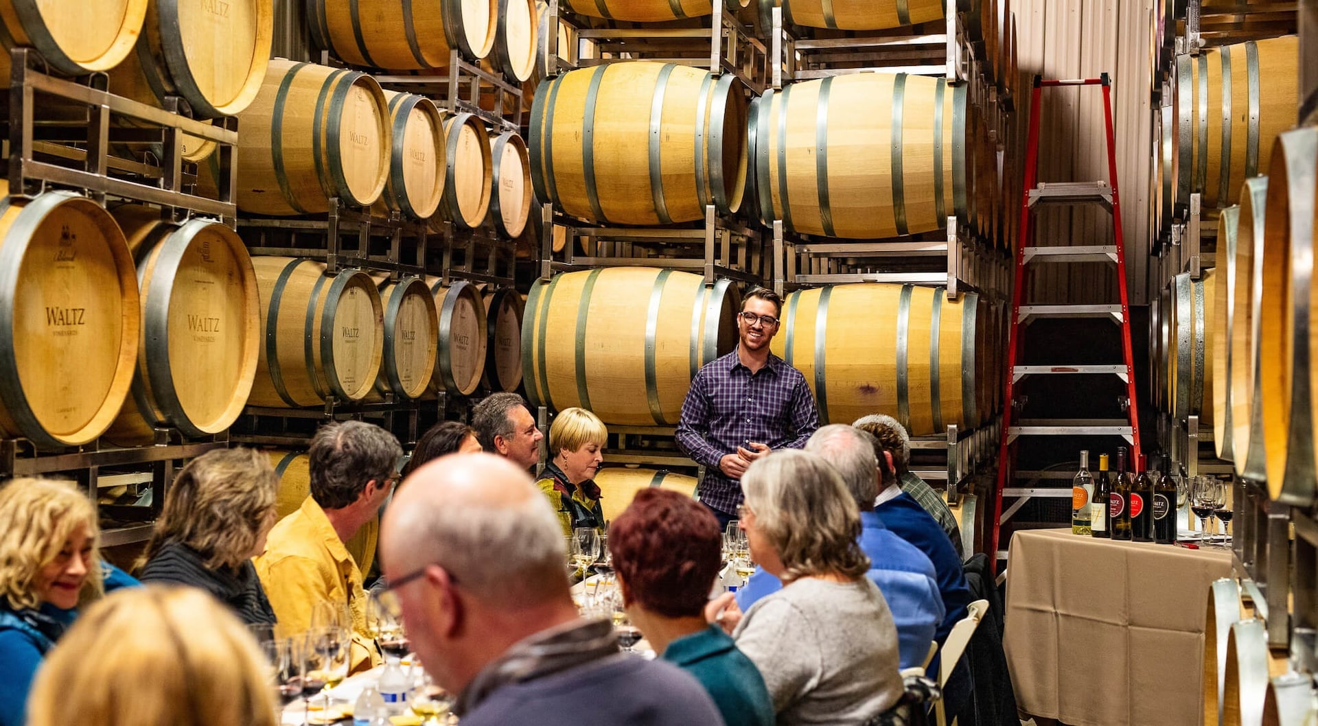 Zach Waltz leading wine club at Waltz.