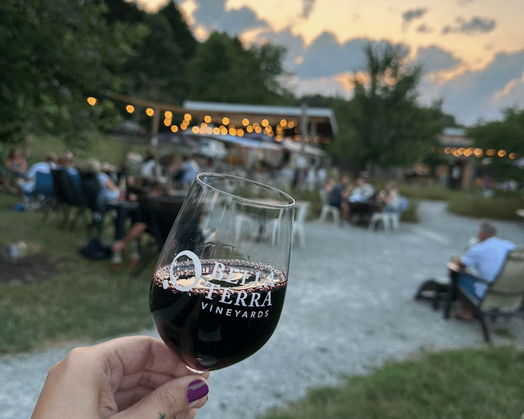 Red wine glass at Bella Terra Vineyards