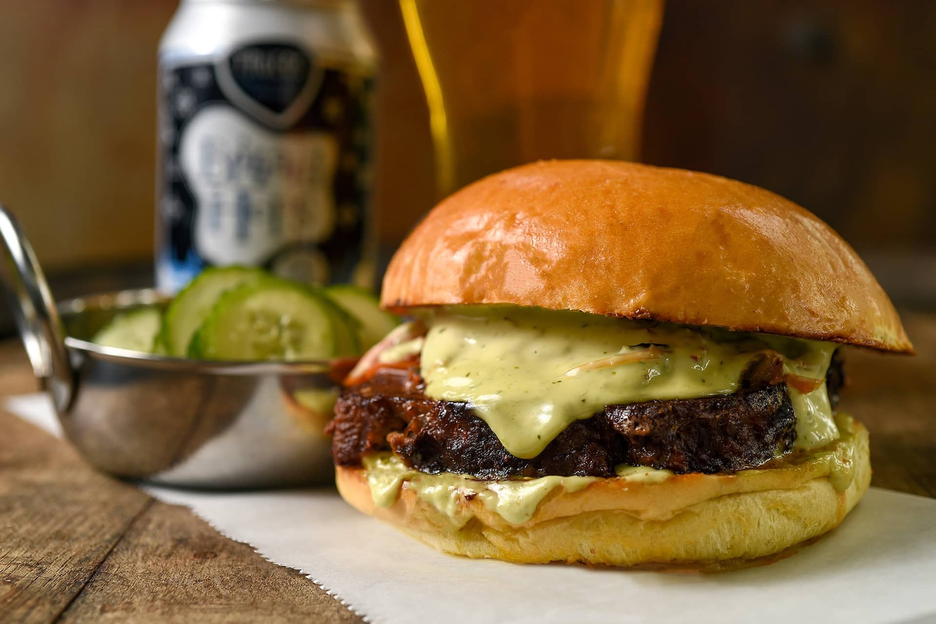 Meatloaf Sandwich on brioche, bulgogi beef, kimchi, scallion aioli with a side of cucumber salad at Tröegs.