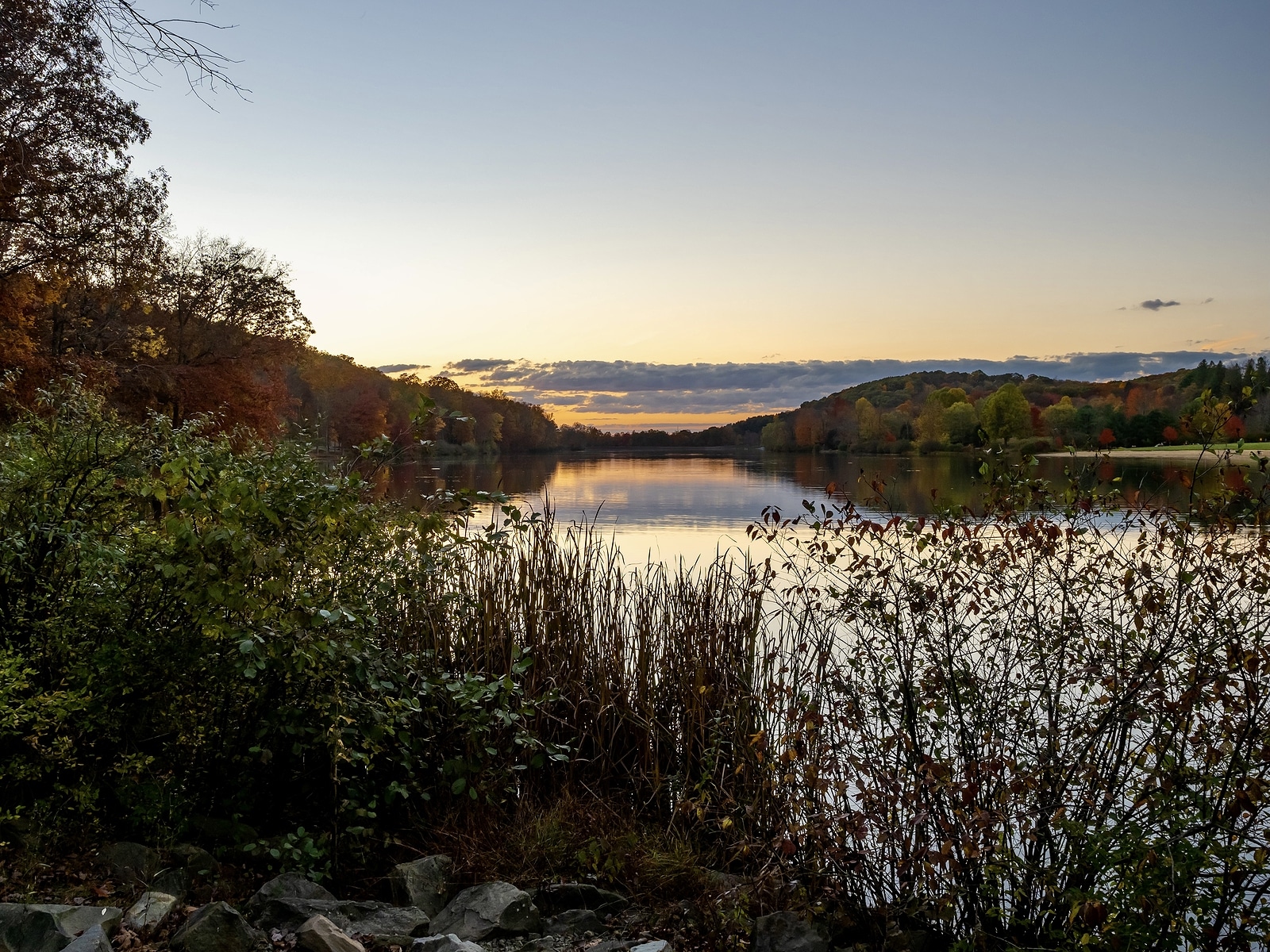 Sunset at Keystone Lake in Keystone State Park in West Moreland County in the Laurel Highlands of Pennsylvania, with the sun setting over the water, plants in the foreground and a colorful sky.