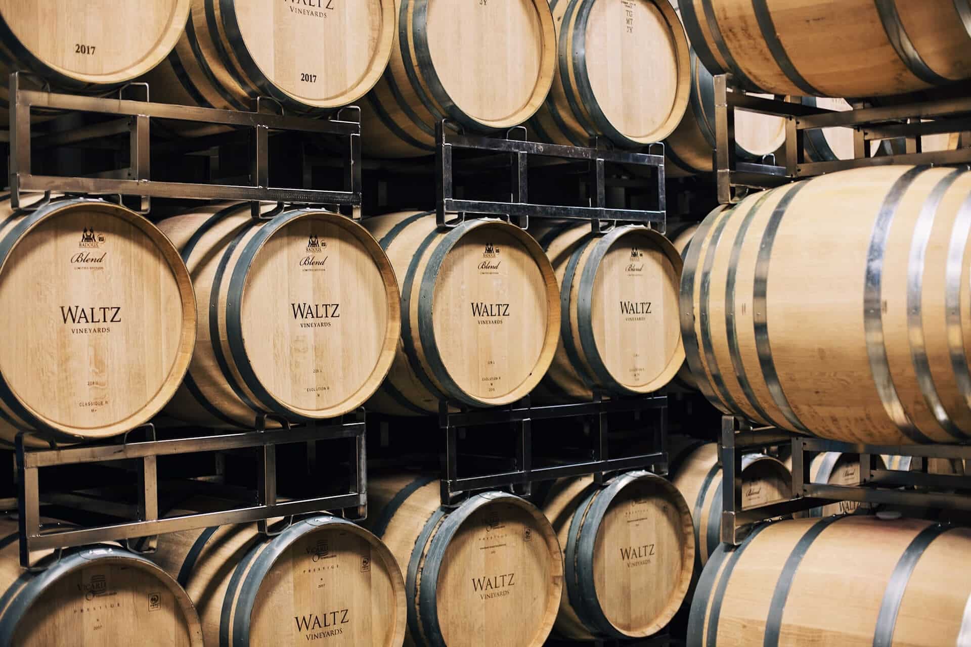 French oak barrels at Waltz Vineyards & Winery.