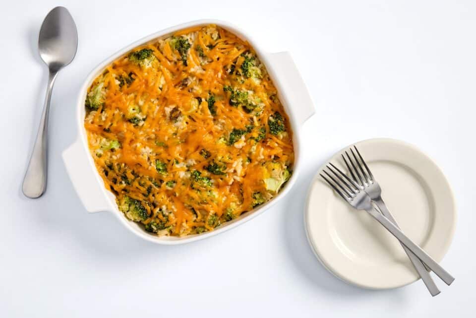 Cheesy broccoli rice bake dish.
