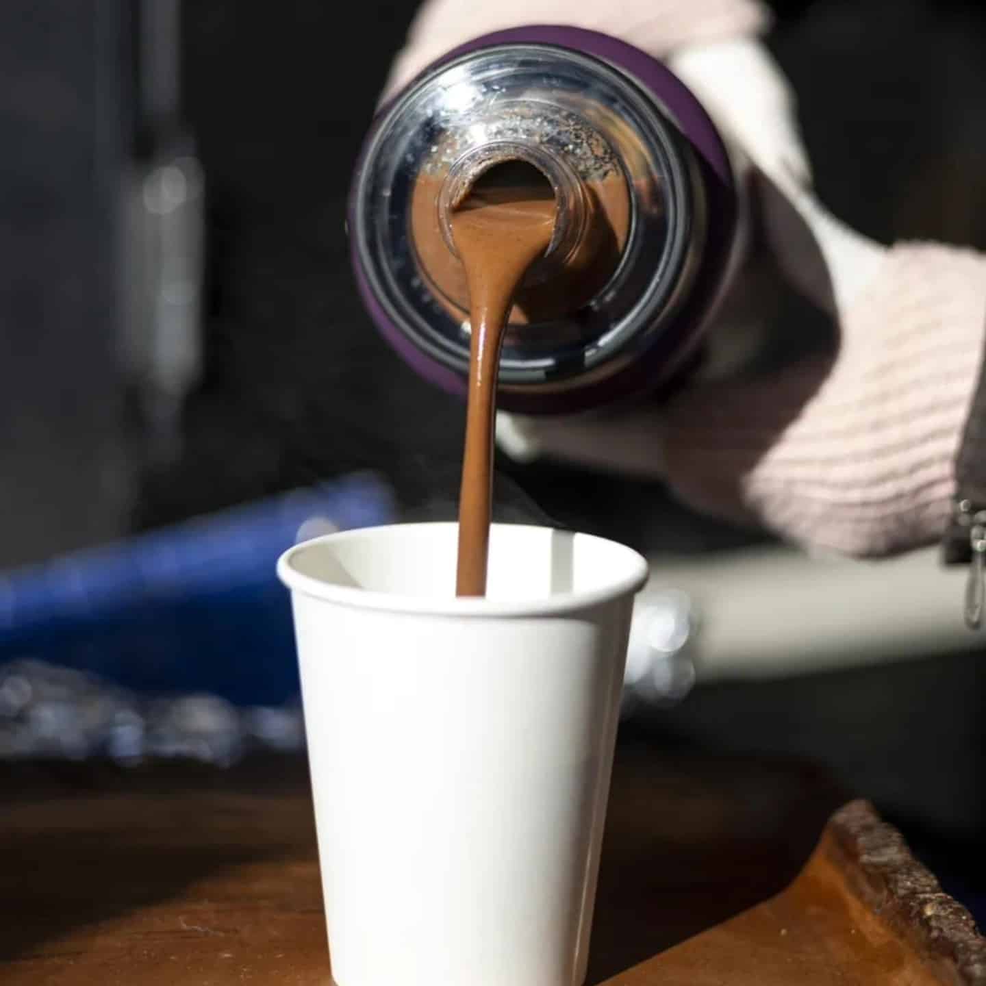 A pour of drinking chocolate from Chocolate Alchemist.