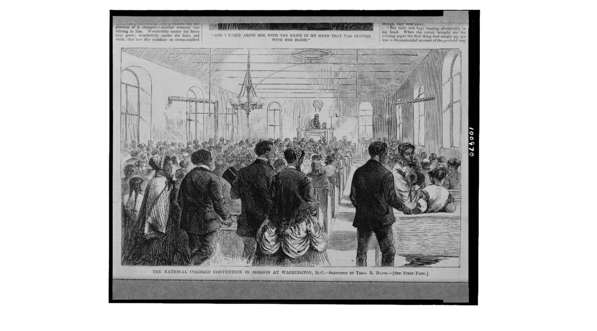 February 6, 1869 Illustration from Harper's Weekly of the Colored National Labor Union convention in Washington, D.C. Store Web page states: "from Harper's Weekly magazine with 6 x 9 [inch] wood-engraved illustration of the The National Colored Convention in Session at Washington, D.C."
