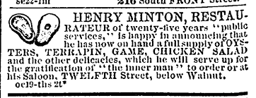 An 1860 ad announcing the relocation of Henry Milton’s restaurant.