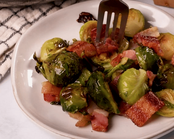 PA Preferred maple bacon Brussels sprouts on a plate.