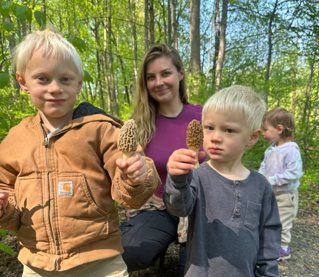 Children foraging for morel mushrooms at MorelFest in Gettysburg, Pennsylvania.