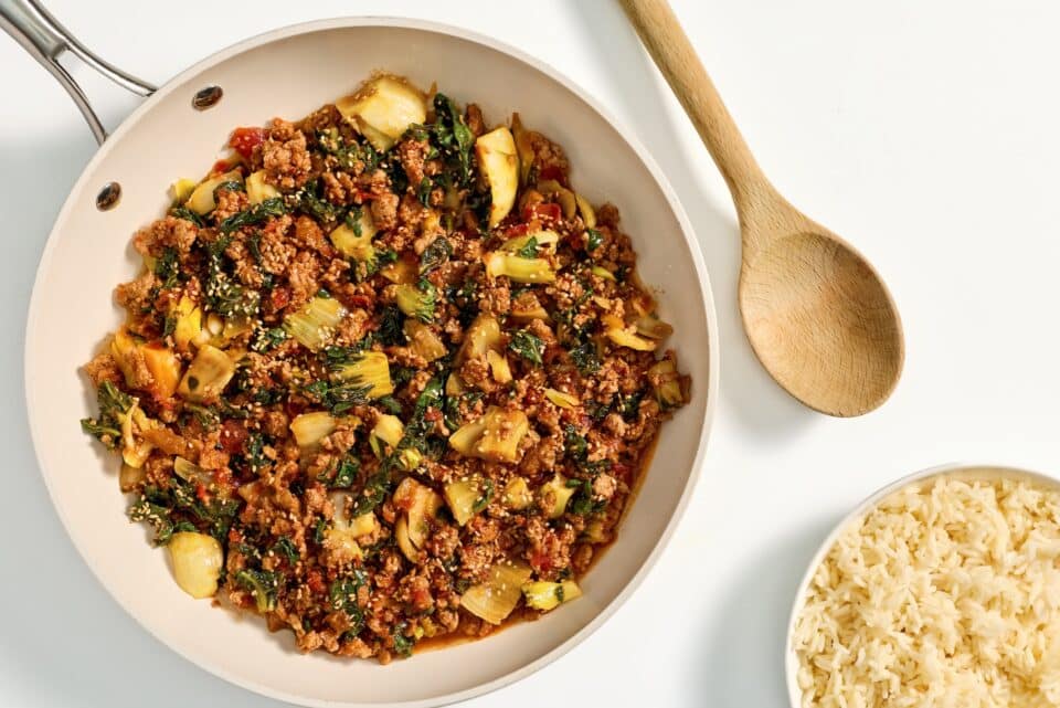 Nourish PA bok choy and savory tomato pork skillet.