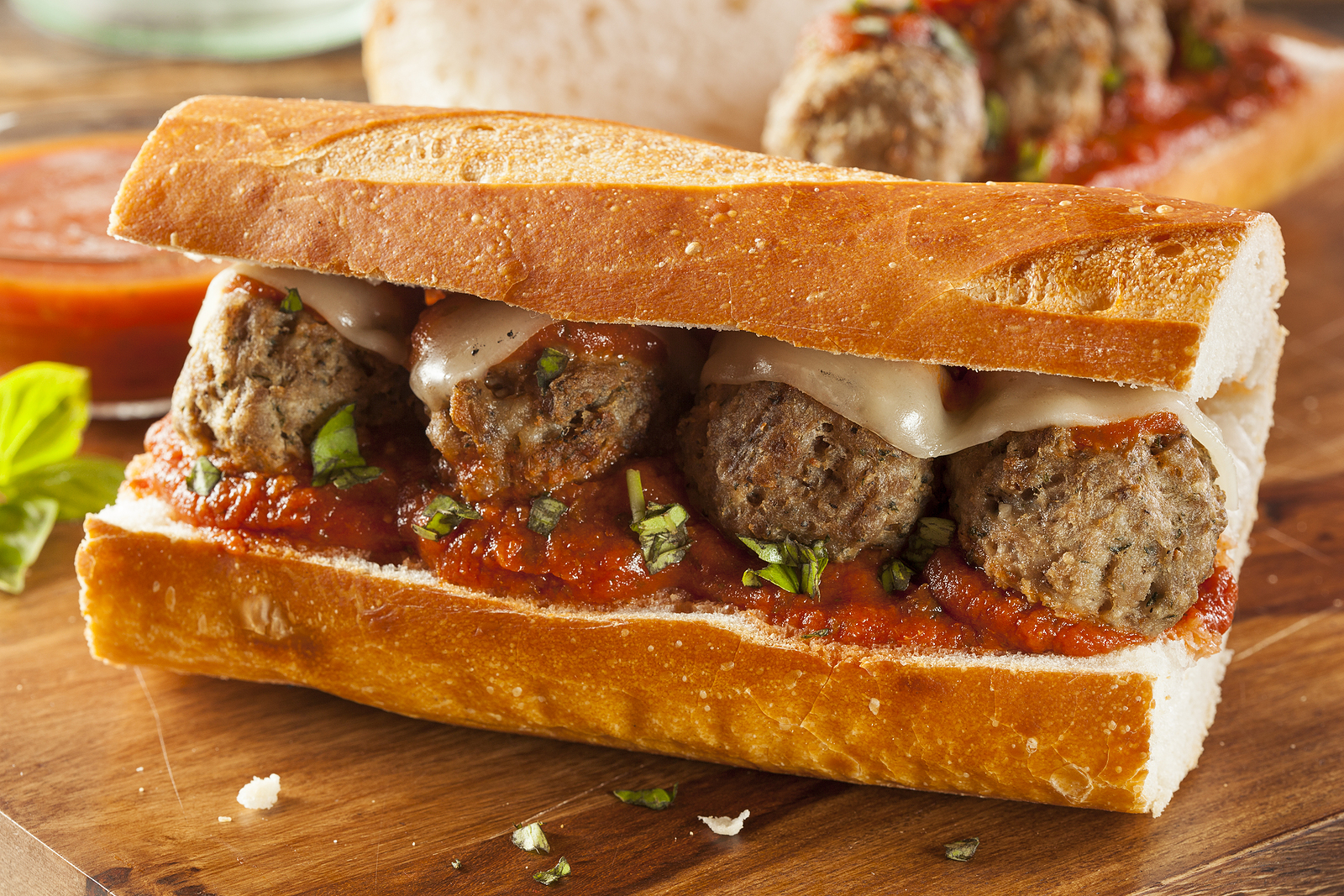 Homemade Spicy Meatball Sub Sandwich with Marinara Sauce and Cheese